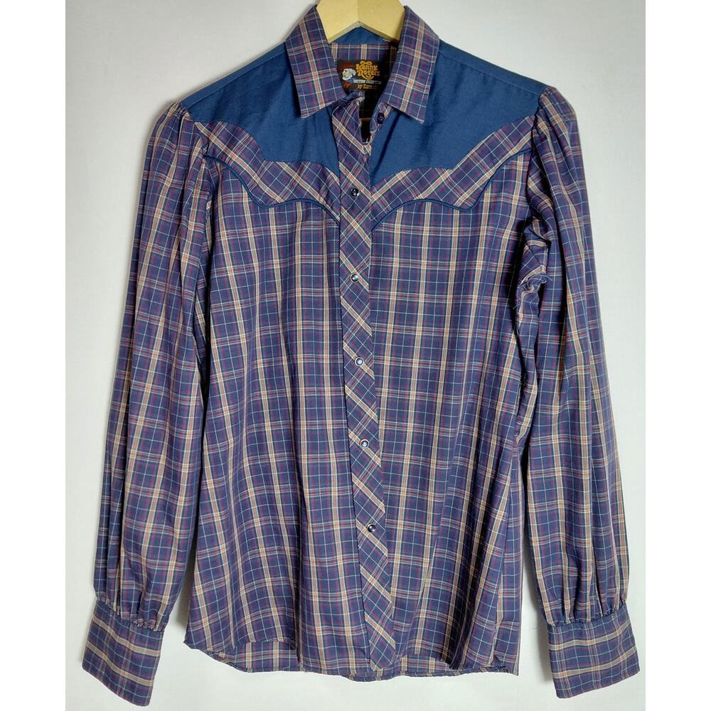 Kenny Rogers Western Collection Plaid Shirt Blue Sleeve Men-See Measurements